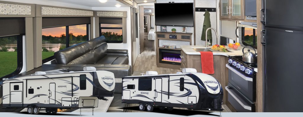 Two Forest River Fifth Wheel Campers with pictures of interior behind each one