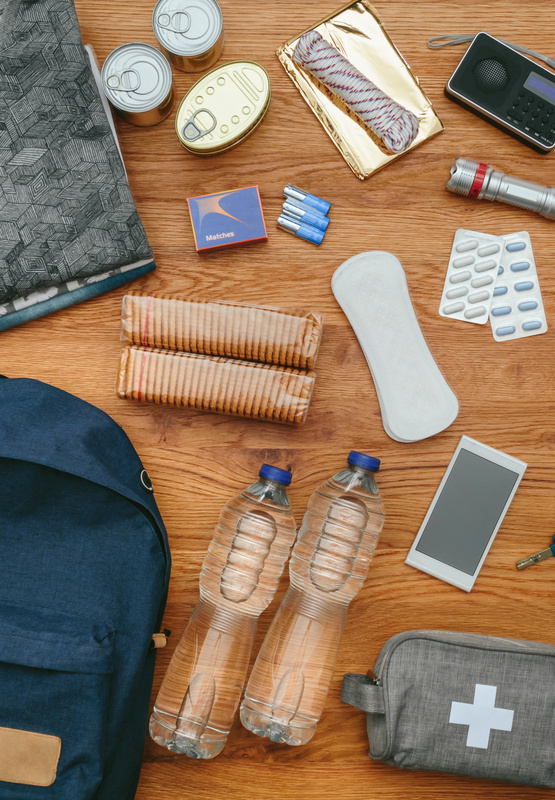 Materials for an emergency first aid kit are laid out so an RV planning mistake can be avoided. 
